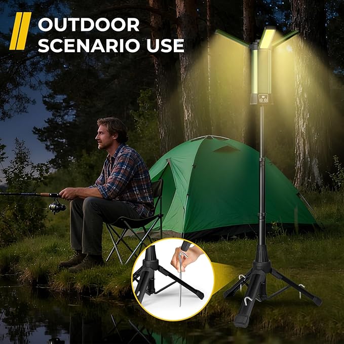 Rechargeable Work Light with Stand, Outdoor LED Cordless Camping Light with Portable Telescopic Bracket, 3.7 Ft Tall 6AH Battery, 2000 Lumen Construction Lights with Carrying Bag Green Medium