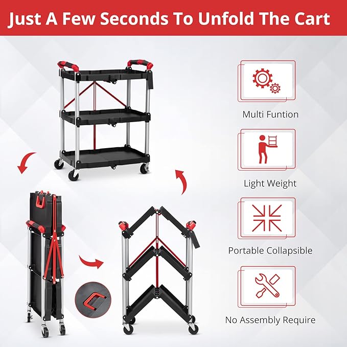 Towallmark Portable Folding Service Cart, 3 Tier Folding Utility Cart, Collapsible Utility Carts for Office, Warehouse, and Home, High Capacity Tool Cart (Black & Red)
