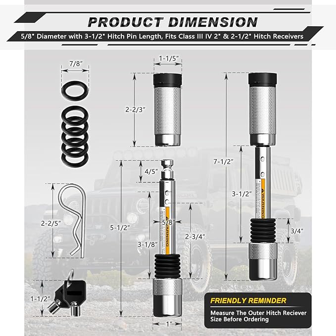AUTMATCH Trailer Hitch Lock 5/8" - 3-1/2" Extra Long Span & Anti-Theft Hitch Locking Pin, Fits Class III IV 2"-2.5" Receivers, Heavy Duty Towing Lock Pin for Jeep, Trailer, Truck, RV, Bike, Silver