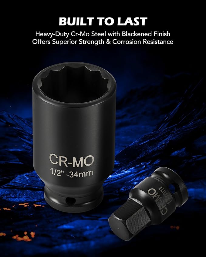 Orion Motor Tech 8pc 1/2" Drive Axle Nut Socket Set, Metric 12 Point CR-MO Axle Nut Impact Socket Set, Extra-Deep Spindle Axle Nut Sockets with Storage Case, 14mm 17mm 19mm, 30mm 32mm 34mm 35mm 36mm