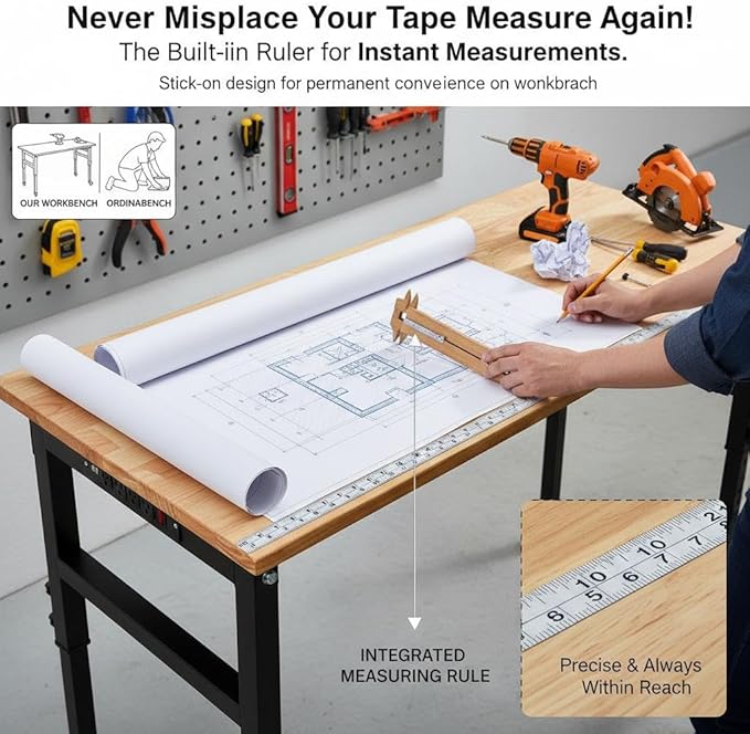 70" Heavy Duty Adjustable Workbench, 2000 LBS Capacity Sit Stand Workstation with Power Outlet, Pegboard & Wheels | Rubber Wood Top Garage Table with Stick-on Ruler