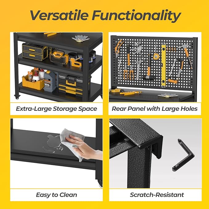 Work Bench with Pegboard,Heavy Duty Workbench with Wheels Adjustable Shelves,Tool Cart,Work Table for Garage Warehouse47.2 H*33.46" W*18" D