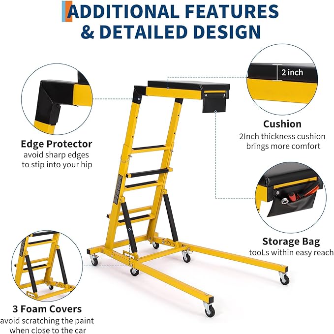 GarveeTech Topside Automotive Creeper with 6 Swivel Casters, 400LB Heavy-Duty Top Creeper, Adjustable Height 48" to 66" & 2" Padded Deck for Truck/SUV Repair, Garage Maintenance, Yellow
