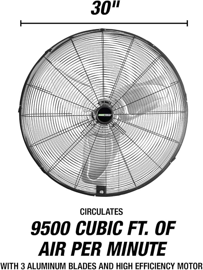 OEMTOOLS OEM24884 30" Indoor Oscillating Wall Fan, 9500 CFM Max. Garage 90 Degree Mounted Fan with 6 Ft. UL Listed Cord, Not for Outdoor Use