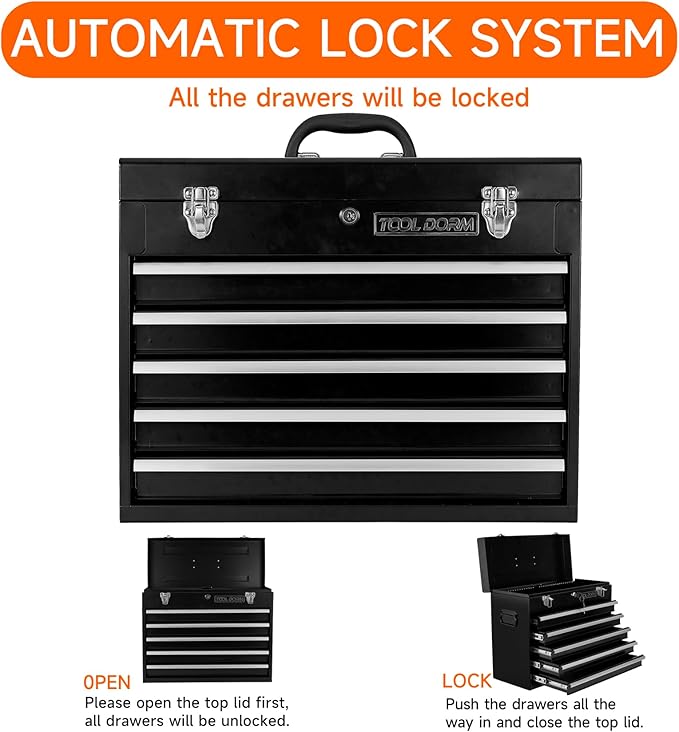 Metal Tool Box with 5 Drawers Portable Steel Tool Chest with Metal Cylinder Lock and Latch Closure, liner, Black and Red two color Powder coating, suitable for Garage, Warehouse and Outdoor Repair job