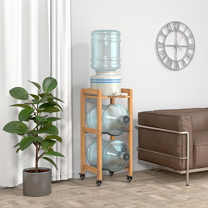 3-Tier 5 Gallon Water Jug Holder with Top Shelf – 4 Metal Wheels or Adjustable Feet – Natural Hardwood Water Dispenser Floor Stand – Wooden Organizer for Kitchen, Office, Garage – Space-Saving Design