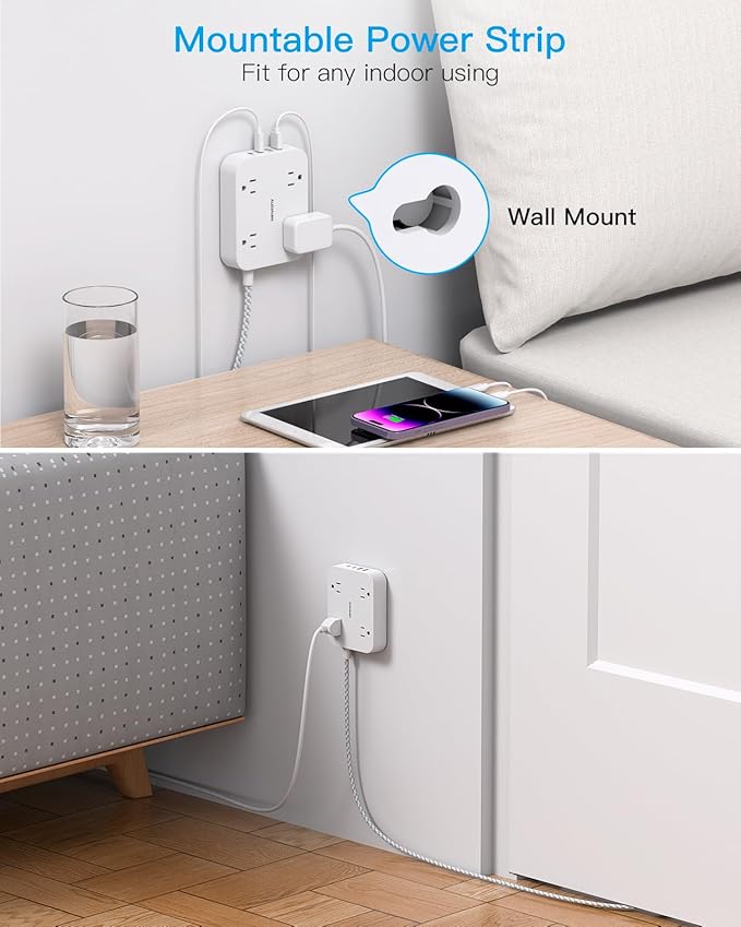 25 Ft Extension Cord, HANYCONY Ultra Thin Flat Plug Power Strip with 4 Outlets 4 USB Ports (2 USB C), Wall Mount, Desk Charging Station for Office, Travel and Dorm Room Essentials, ETL Listed