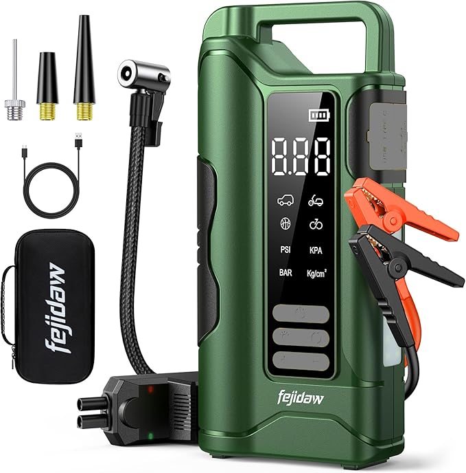 Jump Starter with Air Compressor,5000A Car Battery Jumper Starter, 16000mAh Battery Jumper Starter Portable for 10L Gas/Diesel Engine with 160PSI Booster,LED Display & Light,Jumper Cables