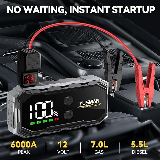 Car Jump Starter, 6000A 12V Jump Battery Pack (8.0 Gas/6.0L Diesel), Portable Jump Starter with Display, Car Jump Starter with Extended Smart Cables, Quick Charge 3.0, LED Light