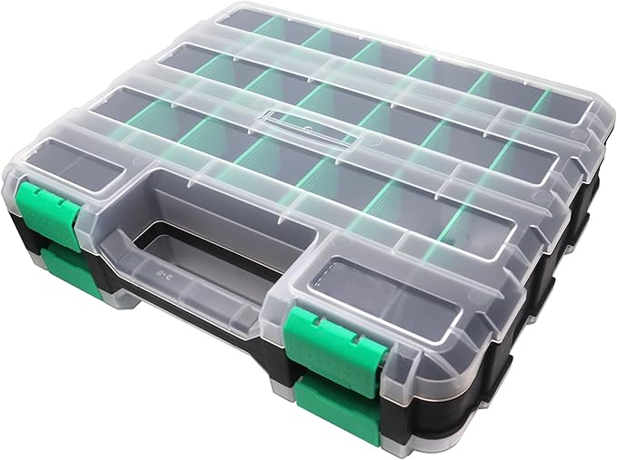 Double Side Tool Box Organizer, Hardware Storage Box, Portable Small Parts Organizer with Removable Plastic Dividers for Screws, Nuts, Nails, Bolts, Green
