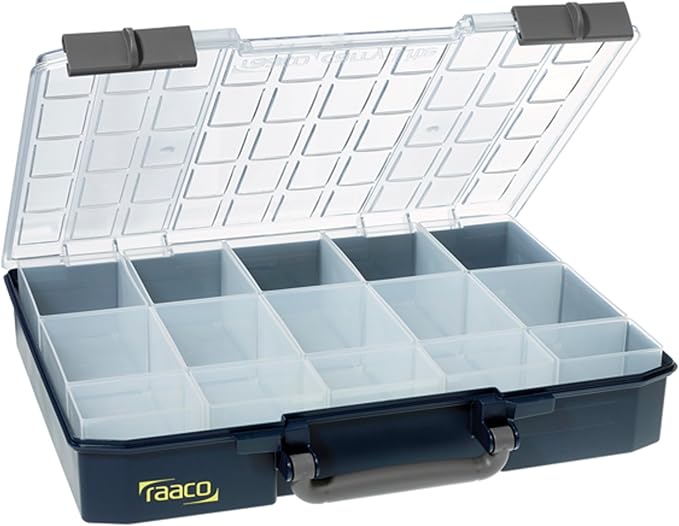 Raaco CarryLite Deep Small Parts Organizer Box – 3.2 Inch Height – 15 Inserts – Anti-Mix U-Profile Lid for Screws, Bolts & Nuts – Secure Sliding Lock – Portable Hardware & Tool Storage (CarryLite 80)