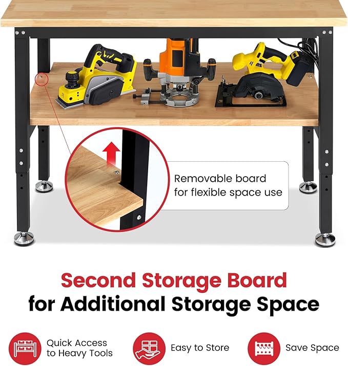 ENJOYWOOD 48" x 20" Heavy Duty Workbench Adjustable Height Garage Work Table with Solid Rubberwood Top, Double Layer Shelf, Pegboard & Power Outlets for Workshop, Home & Office
