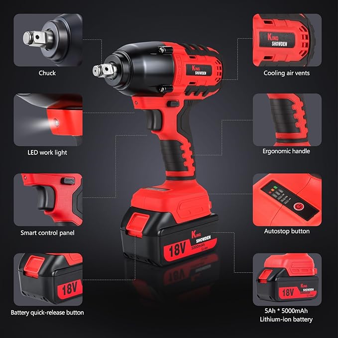 Cordless Impact Wrench, 1/2" 18V 1500Nm 4 in 1 Brushless Power Drill Driver Screwdriver Kit