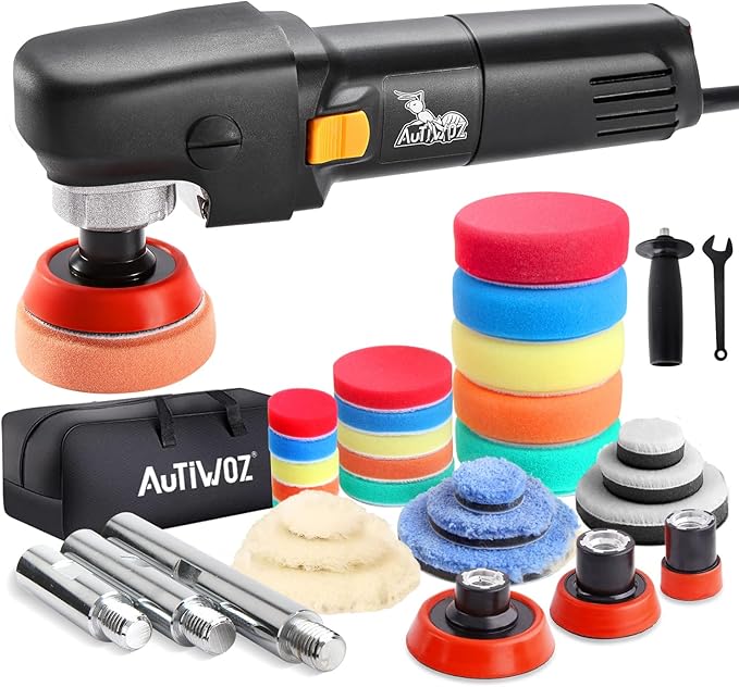 AUTIWOZ Mini Buffer Polisher, Car Polisher Waxer, 600W Rotary Polisher Machine with 33Pcs Polishing Kit, with 1" /2" /3" Base Pads M14 Thread Extension Shaft for Car Boat Sanding Polishing and Waxing