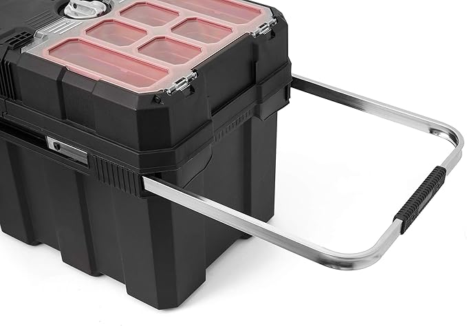 Keter Masterloader Resin Rolling Tool Box with Locking System and Removable Bins – Perfect Organization and Storage Chest for Power Drill, Tape Measure, and Screwdriver Set, Black
