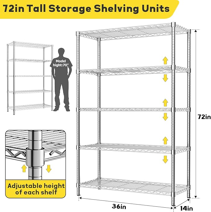 Storage Shelves, 36" L x 14" W x 72" H Heavy Duty Garage Wire Shelving Unit Loads 1750LBS, 5-Tier Adjustable Metal Industrial Utility Shelf Rack for Kitchen, Laundry Room, Basement