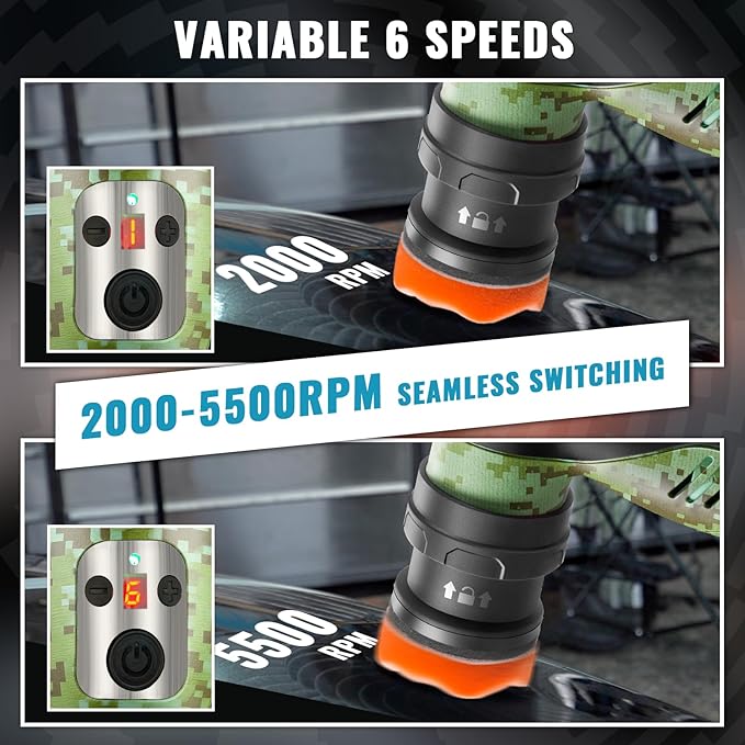BATOCA S5 Cordless Mini Car Polisher Buffer DA Dual Action Rotary Polishing Machine Small Orbital Sander for Car Detailing Polish 1/2/3inch Polishing Pads Kit with 2x 12V Battery 6 Speeds 2000-5500RPM