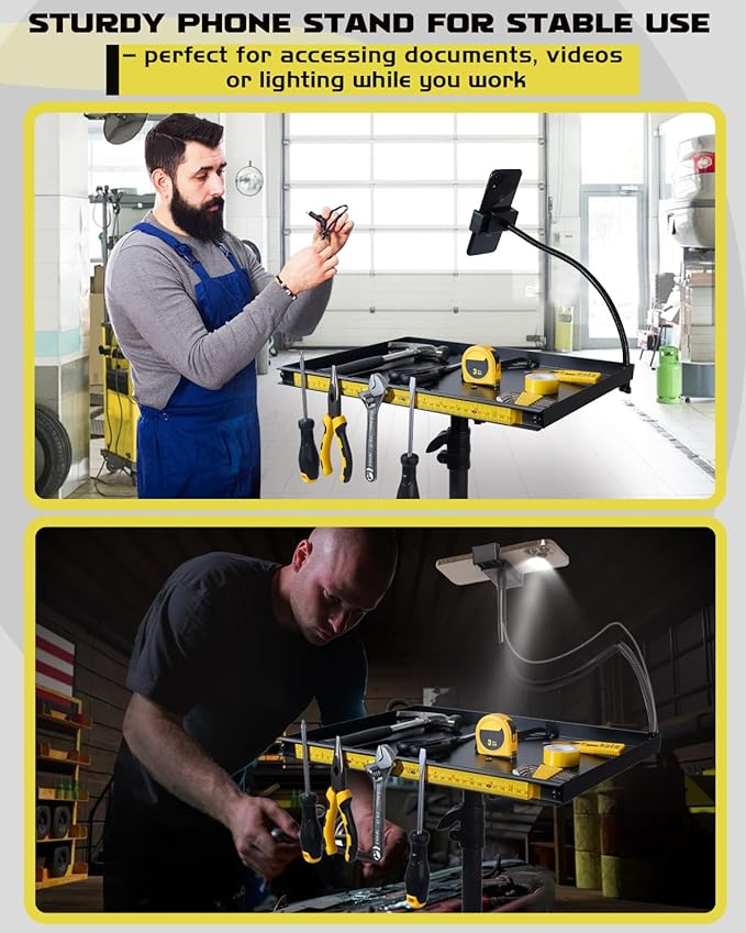 Rolling Tool Cart with Phone Stand, Portable Work Table Mobile Service Tray Cart with Magenetic Ruler Measurement Tool Holder for Light Duty, Garage Tool Organizer Workbench Mechanic Cart