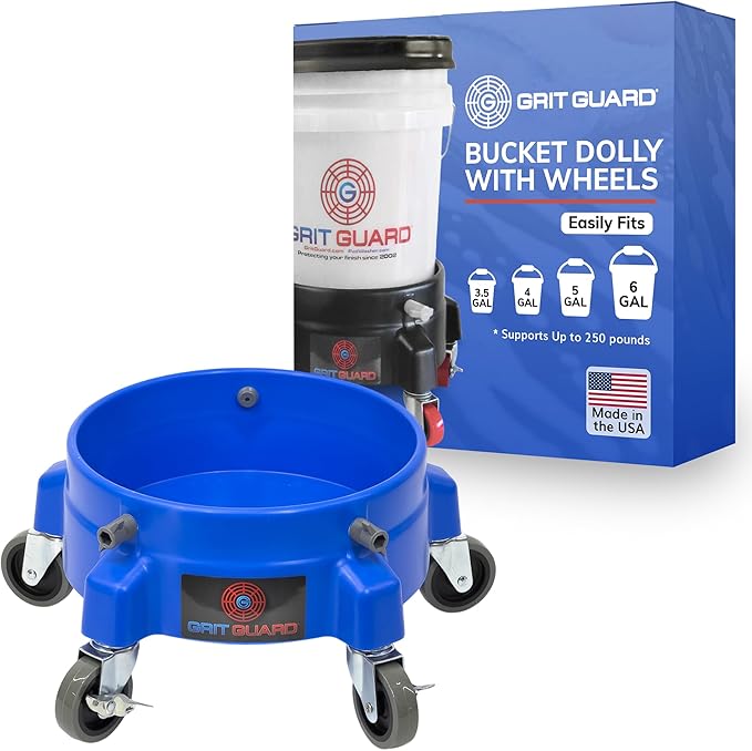 Grit Guard Bucket Dolly with Wheels - Rolling Detailing Wash Bucket with 5 Wheels and 2 Locking Casters Compatible with 2.5, 4, 5 and 6 Gallon Buckets (Blue, 3" Grey Casters)