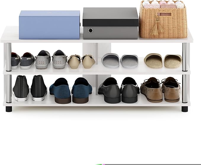 Furinno Turn-N-Tube Shoe Rack, 3-Tier Shoe Organizer, Compact Shoe Storage with Open Shelves and Stainless Steel Tubes, 15.5 x 41.1 x 15.8, for Closet Entryway, Office, Garage, White Oak