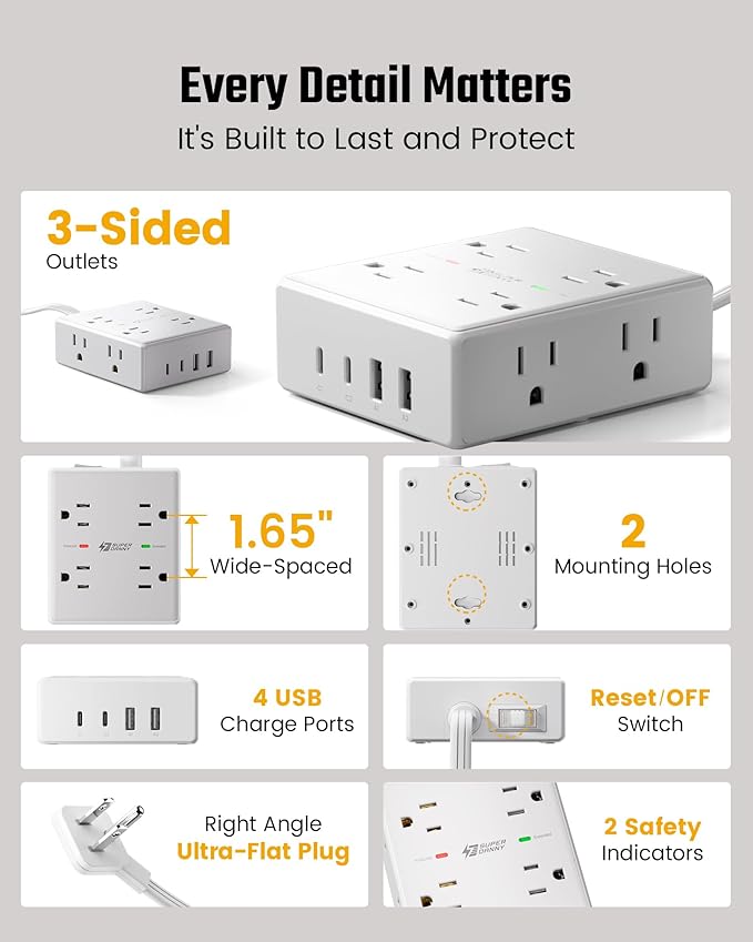 20Ft Long Extension Cord, Flat Plug Power Strip with 8 Outlets & 4 USB Ports (2 USB C), Wall Mountable Surge Protector, Desk Charging Station for Home Office, College Dorm Room Essentials