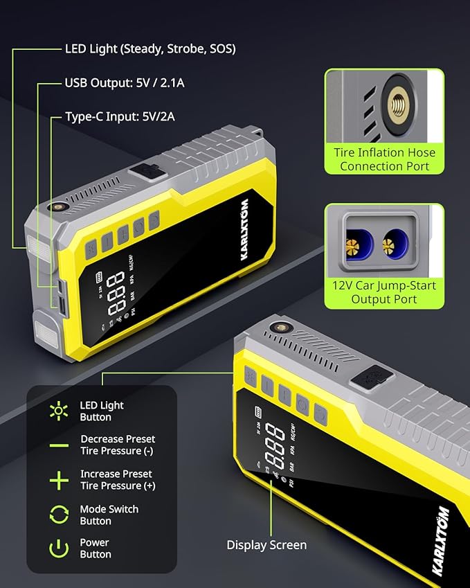 Karlxtom Car Battery Jump Starter with Air Compressor, 4500A Portable Car Jump Starter (All Gas /12L Diesel) with 190PSI Auto-Shutoff Tire Inflator, [2026 NEW Model] 12V Jump Box with LCD Display
