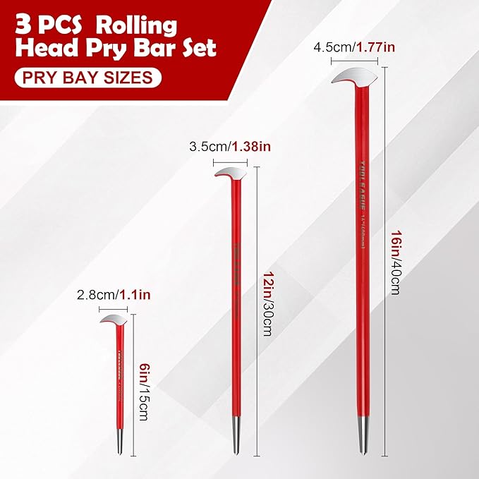 TOOLEAGUE 3Pcs Rolling Head Pry Bar Set,6",12",16" Heavy Duty Pry Bars Hand Tool for Garages,Machinery Aligning & Prying, Red