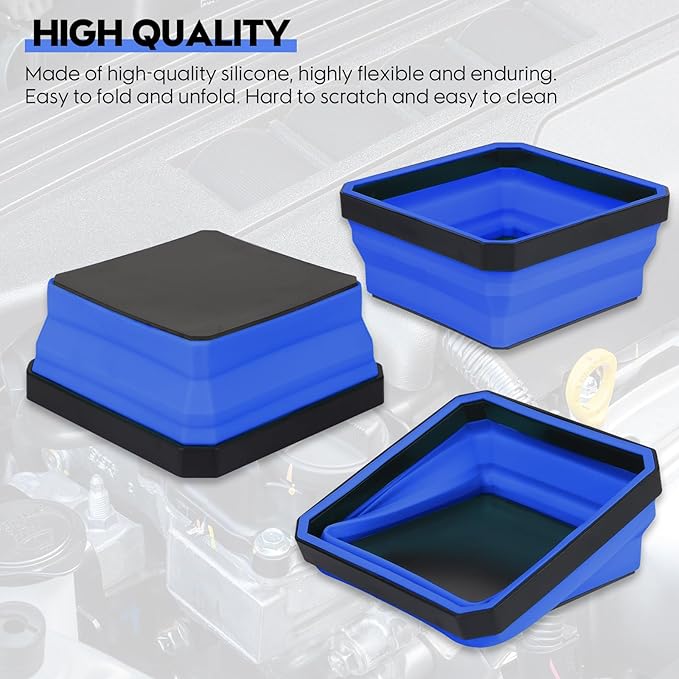 Collapsible Magnetic Parts Tray Set, 4 Pack New Version Magnetic Tool Trays for Screw Bolts Nuts Washers Pins & Small Metal Parts-4.5” Square Silicone Bowls with Double Sided Magnetic Base(Dark Blue)