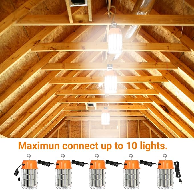 100W LED Temporary Work Light,5000K 13000Lm Portable Work Lights with Stainless Steel Guard & Hook for Mine Wharf Job Site Lighting,IP65 Dust Waterproof,Plug-n-Play