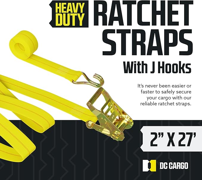 DC Cargo Mall Heavy Duty Ratchet Tie Down Straps – 4 Pack, 2” x 27’ with Double J Hooks, 10,000 lbs Break Strength