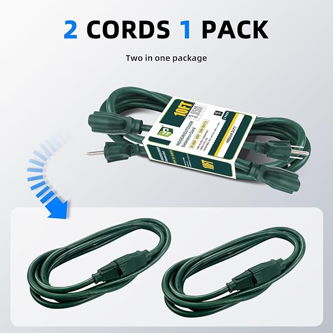 EP 2 Pack 10FT Green Outdoor Extension Cord, 16/3 SJTW Heavy Duty Waterproof, 3 Prong Grounded Plug, 13A 1625W 16AWG, Cold-Resistant Flexible Power Cable for Garden, Home, Christmas Lights