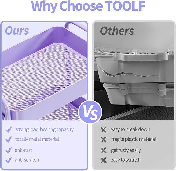 TOOLF 3-Tier Rolling Cart - Metal Utility Storage Organizer with Lockable Wheels, 33 lbs Per Shelf, Tool-Free 5-Min Assembly, for Kitchen Bathroom Office Nursery Craft Room, Purple