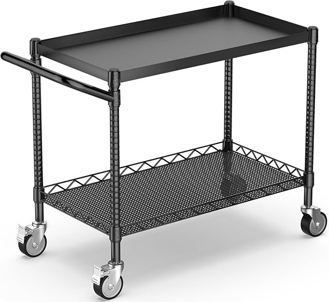 Leteuke 2 Tier Utility Tool Cart with Wheels, Heavy Duty Rolling Utility Carts with Handle, Commercial Grade Metal Serving Storage Cart for Warehouse Garage Kitchen, 25" D x 38.98" W x 40" H-Black