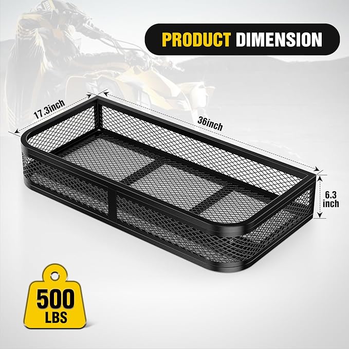 Nilight ATV Front Cargo Basket, 17" W x 36" L x 6.3" H Racks and Baskets with Steel Mesh Frame, Heavy Duty ATV Storage Cargo Box Attachments for Luggage Carrier
