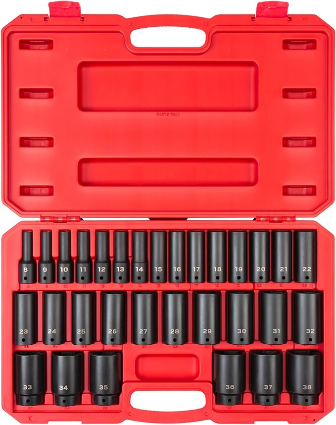 TEKTON 1/2 Inch Drive Deep 6-Point Impact Socket Set with Case, 31-Piece (8-38 mm) | SID92335