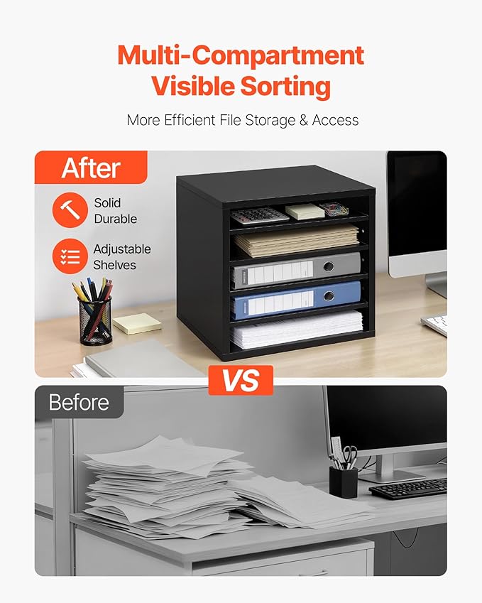 VEVOR Literature Organizer, 5 Compartments Office Mailbox with Adjustable Shelves, Wooden Mailbox Sorter with MDF, Countertop Office Home Classroom Storage Organizer for File, Document, Paper, Black