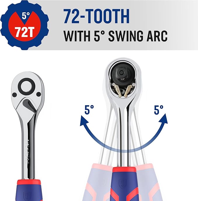WORKPRO 3/8-Inch Drive Ratchet Wrench, 72-Tooth Reversible Ratchet, Quick-Release 3/8 Drive Ratchet Handle, CR-MO Head, Chrome Plated Finish