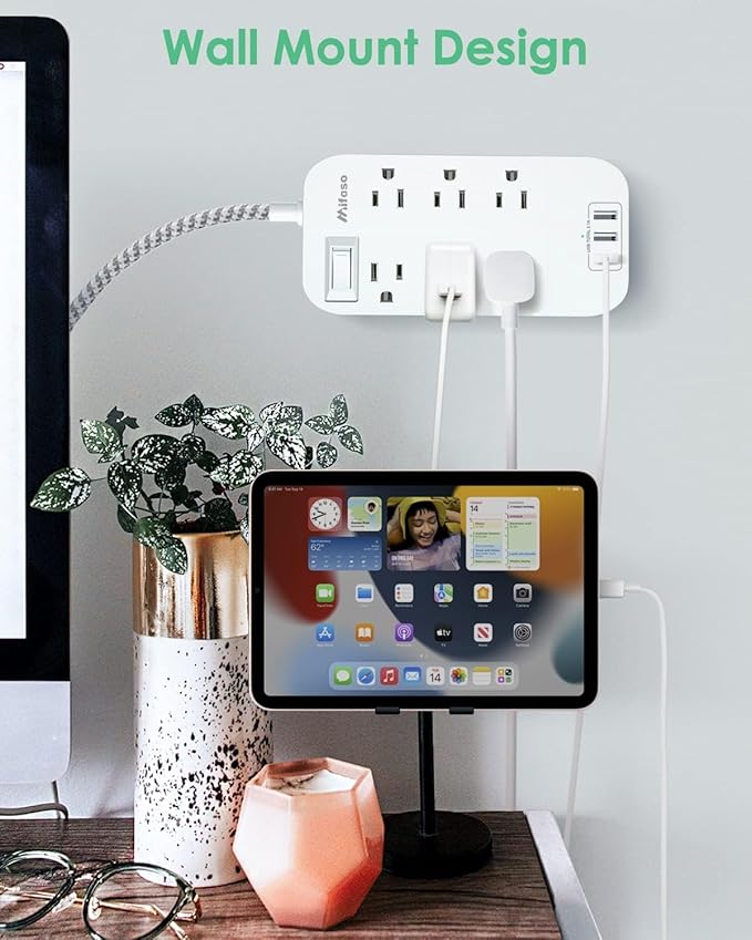 Flat Power Strip - 5 FT Plug Extension Cord, 6 Outlets 3 USB Ports Outlet Extender with Overload Protection, Wall Mount, Desktop Charging Station for Home, Office and Dorm Essential