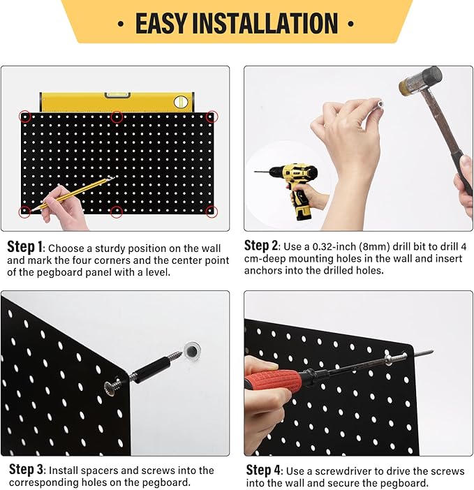 DEWEL Peg Board, 23" x 12" Metal Pegboard Wall Organizer Kit, 4 Pack Pegboard Panels with 20 Hooks,Black Pegboard Tool Wall Organizer System for Garage and Garden(4pcs black)