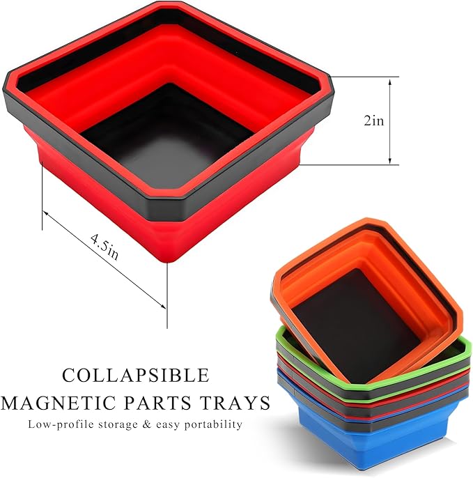 Collapsible Magnetic Parts Tray, 4.5" Square Silicone Tool Tray with Dual-Sided Magnetic Base, Foldable Small Metal Parts Organizer Storage Bowl for Screws Bolts Nuts Washers (Red)
