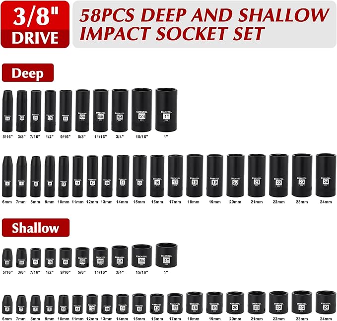 EMENTOL 109-Piece 3/8" Drive Socket Set, SAE (5/16"-15/16") & Metric (6mm-24mm), Deep & Shallow, with Ratchet Wrench, Extension Bars, Spark Plug Sockets, Universal Joint, Power Drill Adapter, Bits