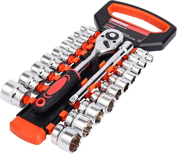 Egofine 21pcs 3/8 Inch Ratchet Socket Wrench Set, Drive Socket Set with 19 Sockets, 6-24mm sockets and 2 Way Quick Released Ratchet Handle and Extension Bar