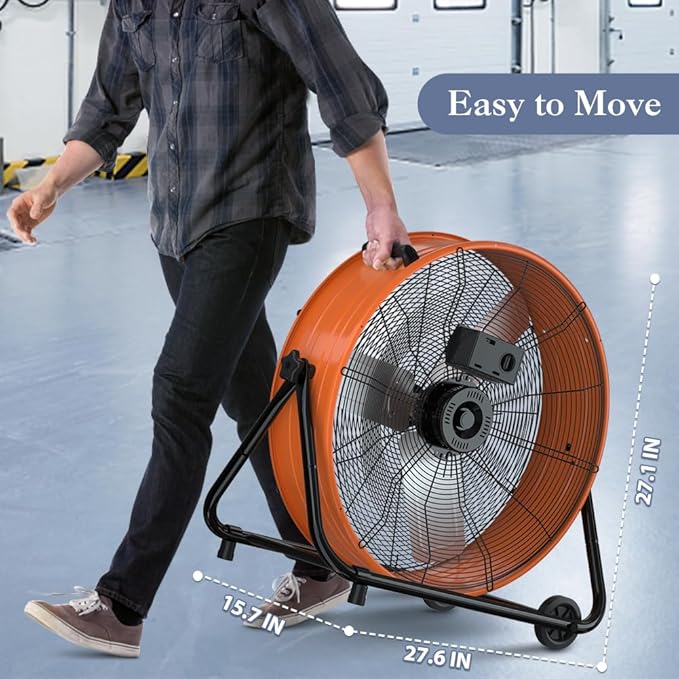 LifePlus 24 Inch Industrial Drum Fan High Velocity Floor Fan 3 Speed, Heavy Duty Metal Air Circulator with Adjustable Tilt & Large Wheel for Warehouse, Garage, Factory, Patio, Barn, Shop, Orange