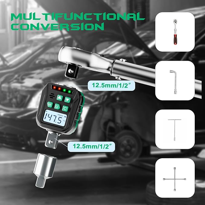 1/2-Inch Digital Torque Adapter, 7.38-147.5 Ft.lb/10-200 N.m, Electronic Torque Wrench Converter with ±2% Accuracy, Preset Function, Data Storage, 3/8” & 1/4” Adapter for Bike, Moto, Car