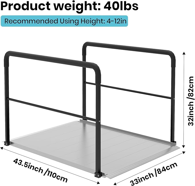 4FT Wheelchair Ramp with Handrails, Heavy Duty 800 lbs Capacity, Aluminum Threshold Ramp for Home Steps, Doorways & Curbs - Semi-Permanent Non-Slip Access for Wheelchairs, Scooters, Seniors & Disabled