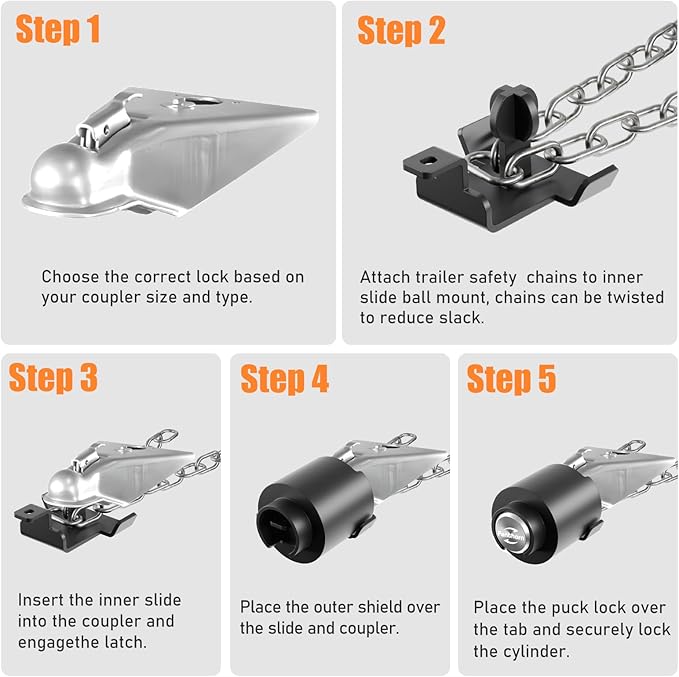 Heavy Duty Trailer Hitch Locks Fits 2" and 2-5/16" Couplers, Upgraded Anti Theft Trailer Tongue Lock Secure with Coupler and Safety Chain, Trailer Lock for RV Camper Trailer Truck Pickup Boats(Sliver)
