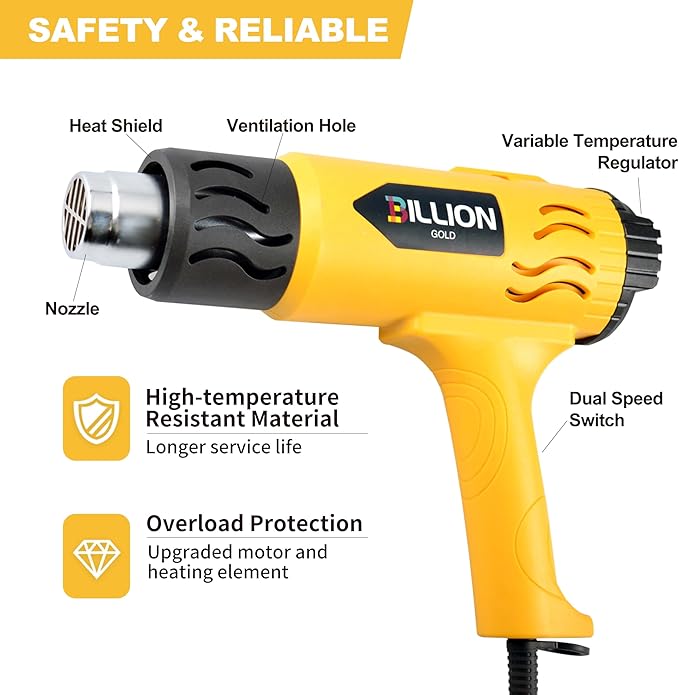 1800W Heat Gun Kit - Variable Temperature Control Hot Air Gun For Electronics With 2 Air Flow 120℉-1200℉ (50℃- 650℃), 5 Nozzles Heat Shrink Gun for Crafting, Shrink Tubing, Resin (5.25FT)