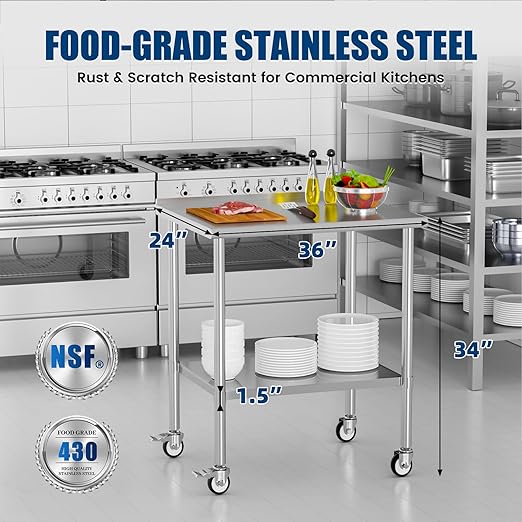 Stainless Steel Work Table with Wheels, 24x36 Inch NSF Food Prep Table with Backsplash & Adjustable Undershelves for Commercial Kitchen, Restaurant, Garage