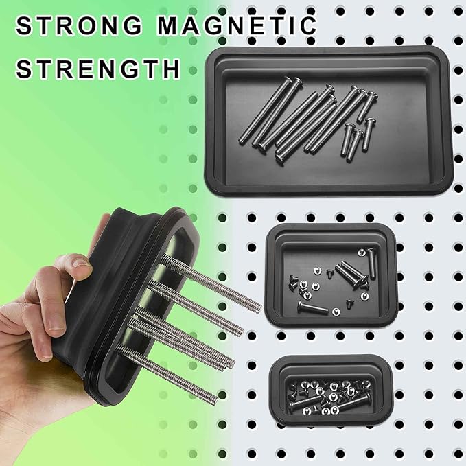 HARFINGTON 3pcs Collapsible Magnetic Parts Tray Set 3 Different Size Foldable Small Metal Parts Tool Tray Rectangle Silicone Bowls for Fixing Screw Bolts Nuts Washers Pins, Black
