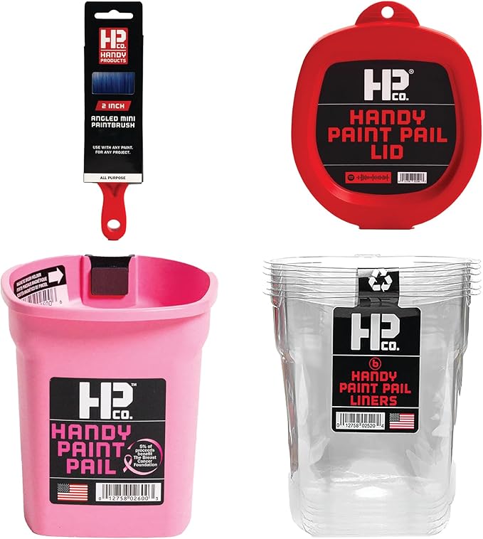 HP CO. HANDY PRODUCTS Handy Paint Pink Pail Kit- Includes Handy Paint Pail, 6 Disposable Liners, Snap-On Lid & 2" Angled Mini-Brush-Perfect for Trim, Cut-ins, and Small Painting Project (Pink)